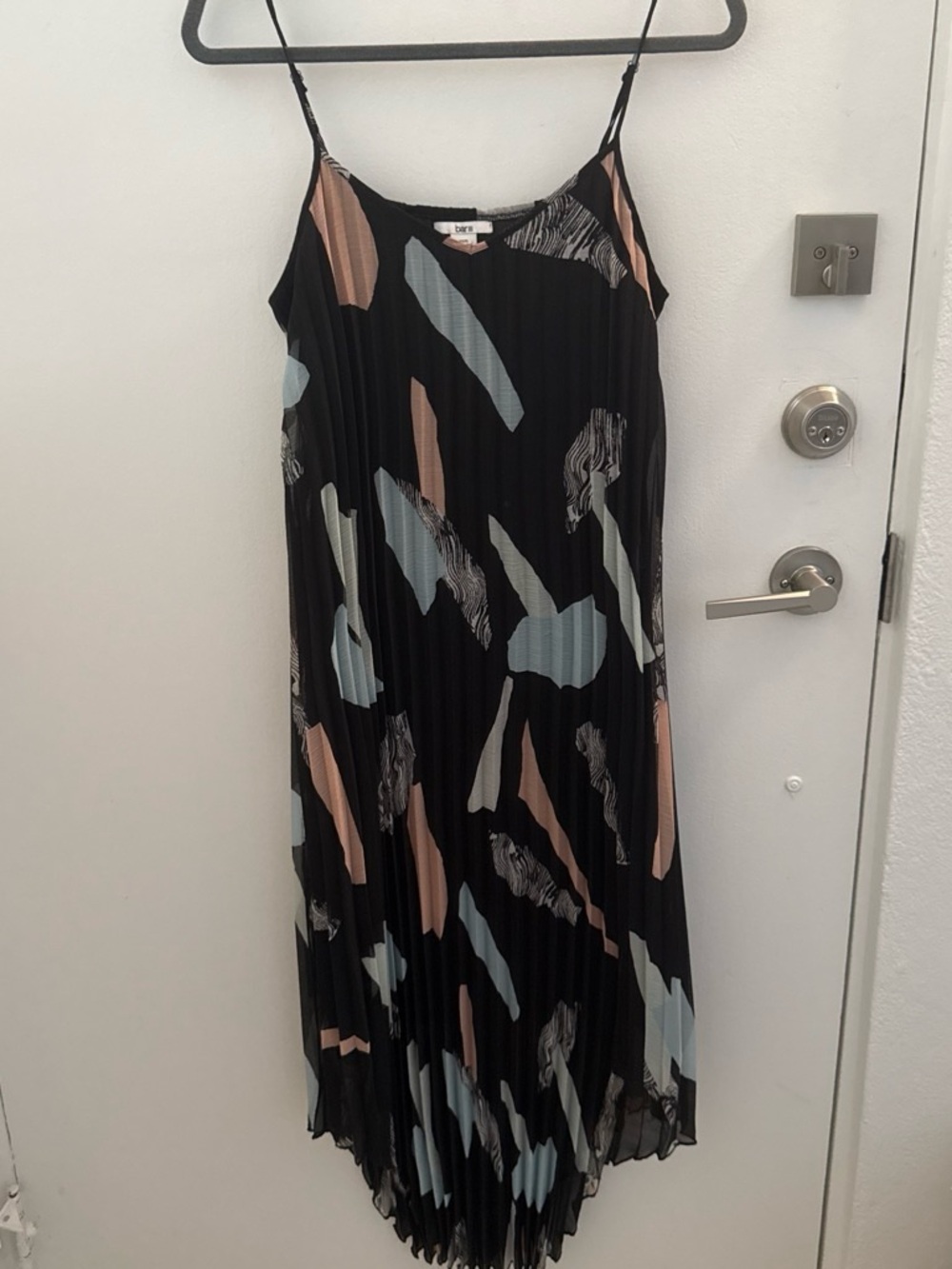 Bar III Black High-Low Pleated Slip Skirt with Pastel Blue and Blush Shapes